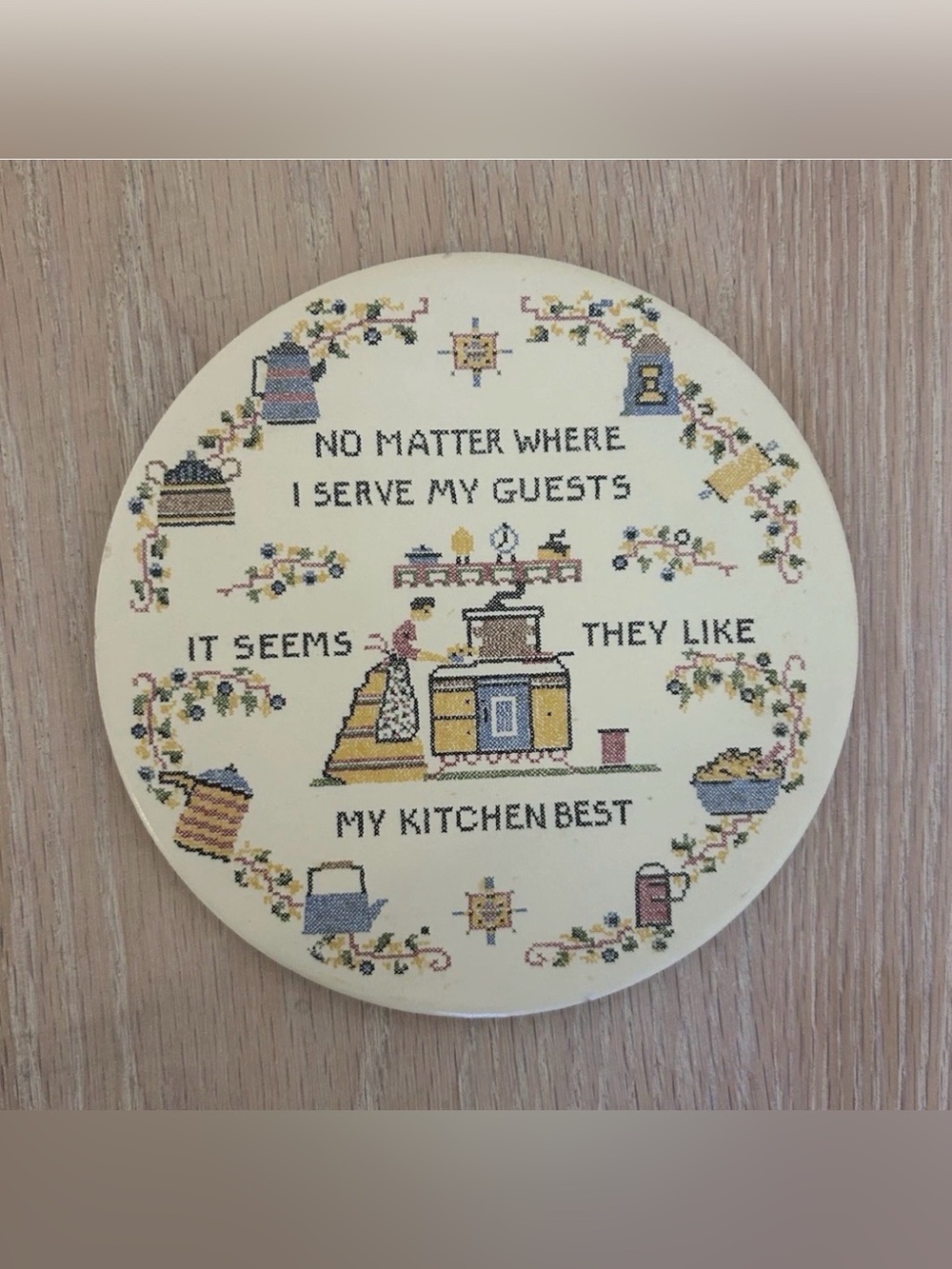 Cream Cross-Stitch Kitchen Trivet with Whimsical Motif